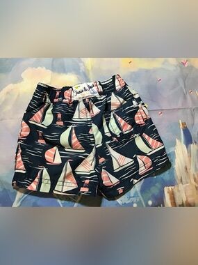 Janie and Jack navy blue sailboat pattern boy swim shorts size 3/6 months